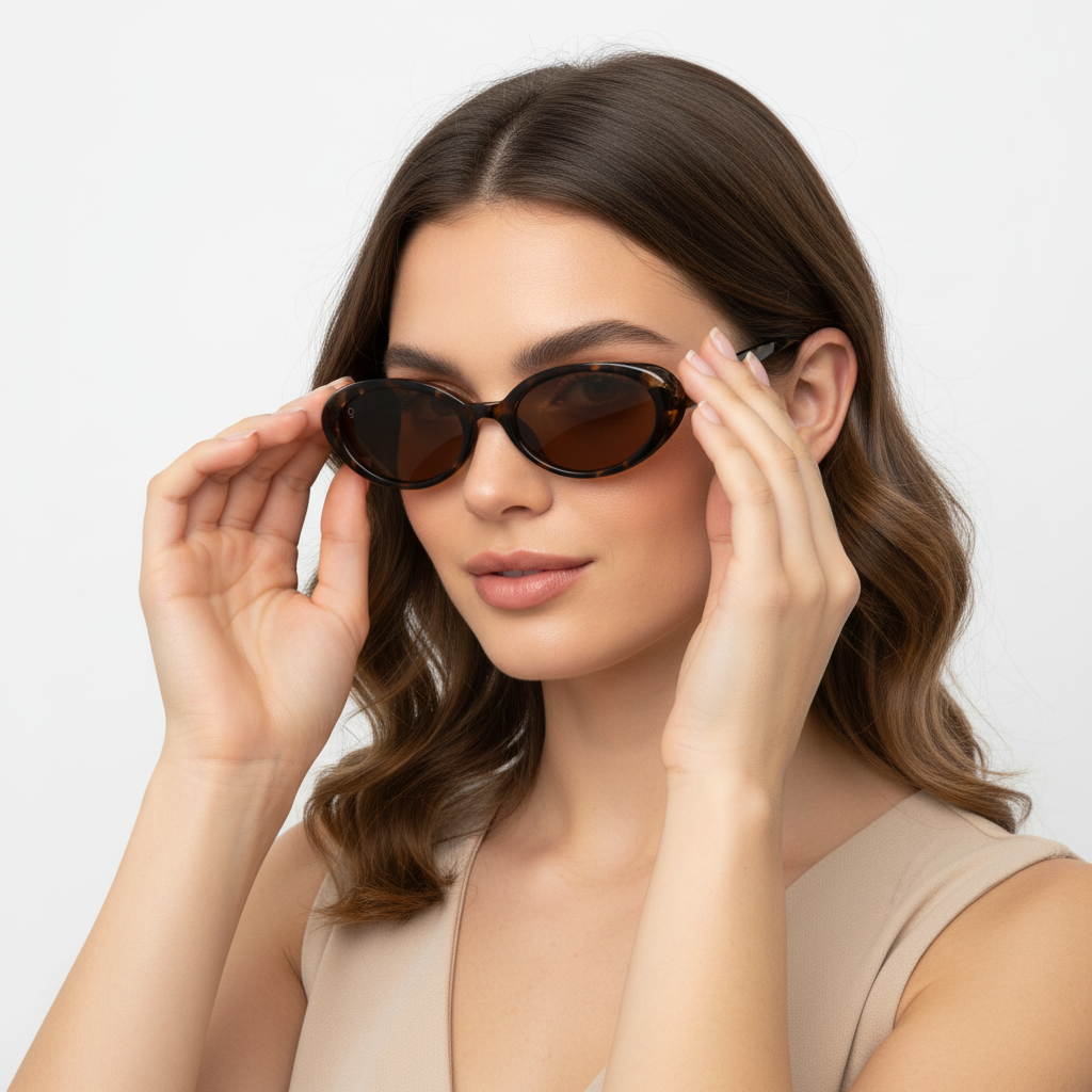 Female model with LUCA sunglasses - studio white background