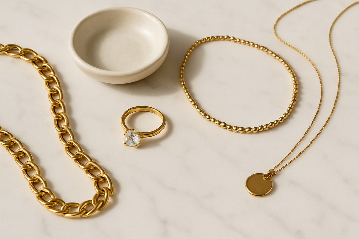 Flat lay of a curated jewellery collection on a white marble surface — a gold-plated chain, a zirconia ring, a choker, and a