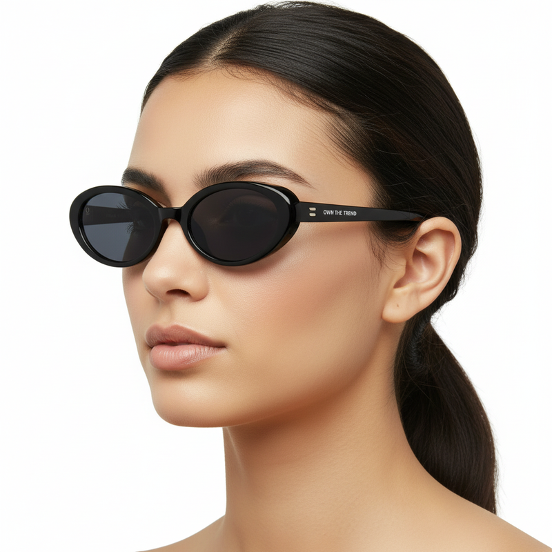 Female model with LUCA BLACK sunglasses - side profile angle