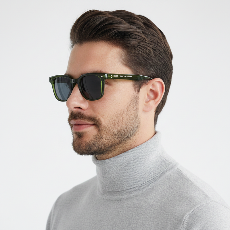 Male model with DYLAN GREEN - side profile with accurate branding